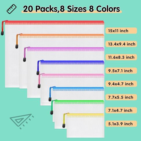 SMARPAU 20PCS Mesh Szipper Bace ، 8 أحجام أكياس سحاب بلاستيكية للتنظيم ، 8 ألوان أكياس وثيقة بلاستيكية مقاومة للماء لتخزين ألعاب اللوح ، والسفر ، واللوازم المكتبية in Kuwait