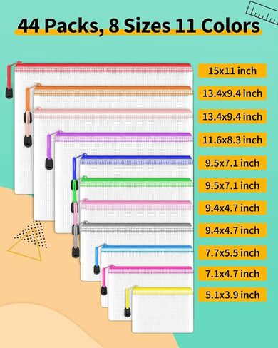 SMARPAU 20PCS Mesh Szipper Bace ، 8 أحجام أكياس سحاب بلاستيكية للتنظيم ، 8 ألوان أكياس وثيقة بلاستيكية مقاومة للماء لتخزين ألعاب اللوح ، والسفر ، واللوازم المكتبية in Kuwait