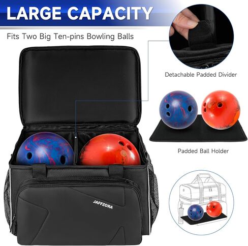 حقيبة كرة البولينج، حقيبة البولينج المكونة من كرتين مع حامل الكرة، تناسب زوجًا واحدًا من أحذية البولينج حتى مقاس 16 للرجال، أسود in Kuwait
