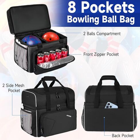 حقيبة كرة البولينج، حقيبة البولينج المكونة من كرتين مع حامل الكرة، تناسب زوجًا واحدًا من أحذية البولينج حتى مقاس 16 للرجال، أسود in Kuwait