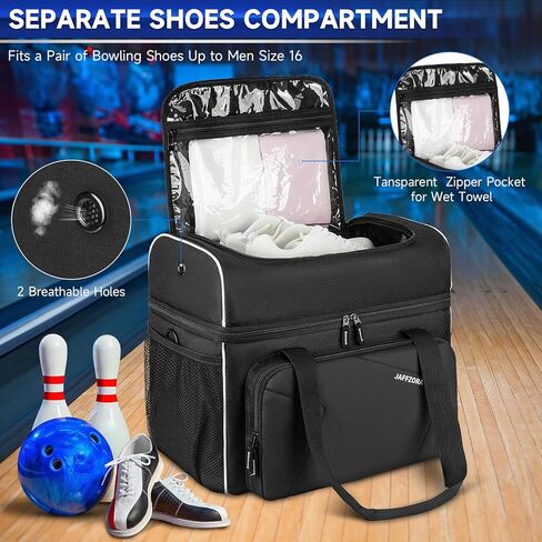 حقيبة كرة البولينج، حقيبة البولينج المكونة من كرتين مع حامل الكرة، تناسب زوجًا واحدًا من أحذية البولينج حتى مقاس 16 للرجال، أسود in Kuwait