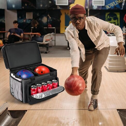 حقيبة كرة البولينج، حقيبة البولينج المكونة من كرتين مع حامل الكرة، تناسب زوجًا واحدًا من أحذية البولينج حتى مقاس 16 للرجال، أسود in Kuwait