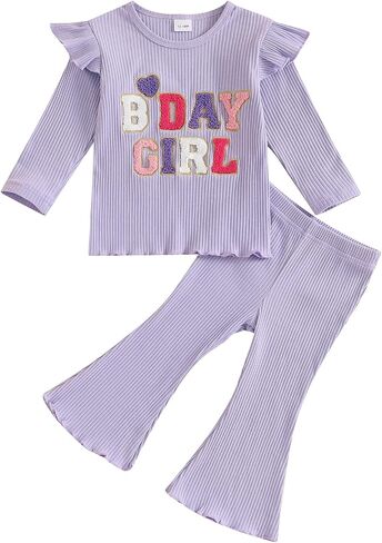 Kayotuas Toddler Baby Girl Birthday Outfit Ruffle Ribbed Knit Short Sleeve T-Shirts Tops Flare Pants Cute 2 Piece Clothes Set in Saudi Arabia