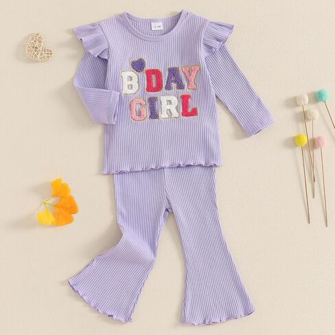 Kayotuas Toddler Baby Girl Birthday Outfit Ruffle Ribbed Knit Short Sleeve T-Shirts Tops Flare Pants Cute 2 Piece Clothes Set in Saudi Arabia