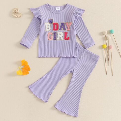 Kayotuas Toddler Baby Girl Birthday Outfit Ruffle Ribbed Knit Short Sleeve T-Shirts Tops Flare Pants Cute 2 Piece Clothes Set in Saudi Arabia
