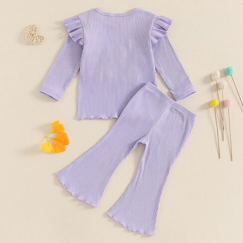 Kayotuas Toddler Baby Girl Birthday Outfit Ruffle Ribbed Knit Short Sleeve T-Shirts Tops Flare Pants Cute 2 Piece Clothes Set in Saudi Arabia