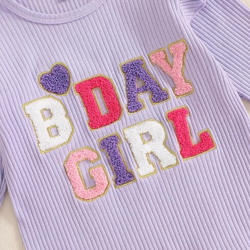 Kayotuas Toddler Baby Girl Birthday Outfit Ruffle Ribbed Knit Short Sleeve T-Shirts Tops Flare Pants Cute 2 Piece Clothes Set in Saudi Arabia