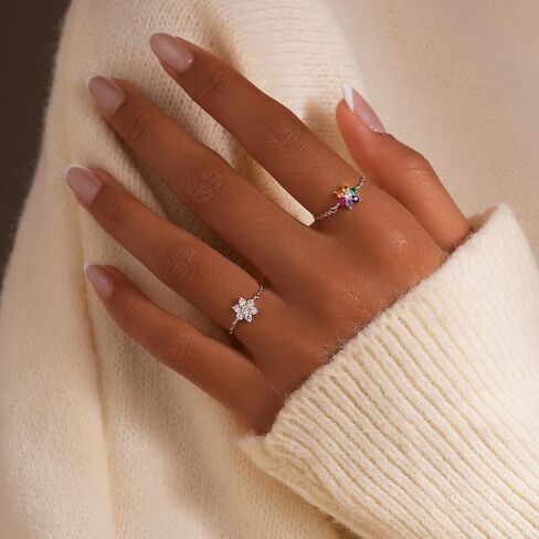 Stackable 925 Sterling Silver Link Chain Ring with Dangle Beaded Ball Adjustable Tassel Dangling Ring for Women Thin Sparkling Bling Finger Statement Line Ring Jewelry Graduation Gifts for Her in Kuwait