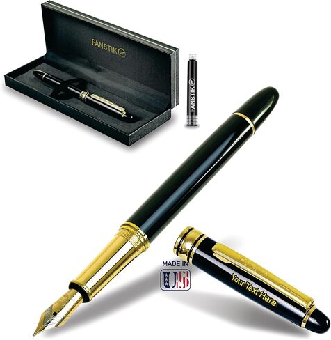 Customized Fountain pens with name (MADE IN USA), stainless steel, gold, black and gold, luxury engraved pens personalized for men and for women. (Fountain Black-Gold) in Saudi Arabia