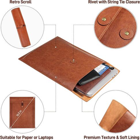 Brown PU Leather File Folder for Documents,Important Document Folder with String Tie,Laptop Sleeve Notebook Case,Leather File Organizer,A4 Envelopes Filing Folder in Saudi Arabia