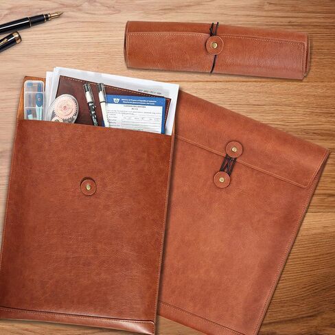 Brown PU Leather File Folder for Documents,Important Document Folder with String Tie,Laptop Sleeve Notebook Case,Leather File Organizer,A4 Envelopes Filing Folder in Saudi Arabia