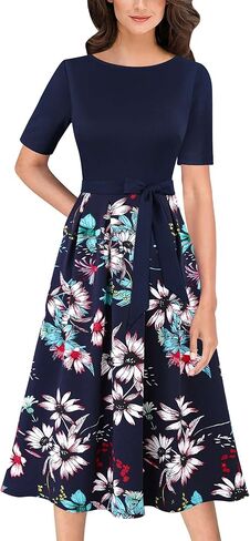 VFSHOW Womens Black Belted Elegant Pockets Work Office Business Pleated A-Line Midi Dress 10119 BLK M in Saudi Arabia