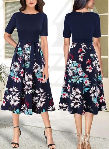 VFSHOW Womens Black Belted Elegant Pockets Work Office Business Pleated A-Line Midi Dress 10119 BLK M in Saudi Arabia