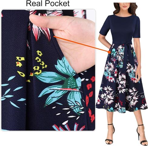 VFSHOW Womens Black Belted Elegant Pockets Work Office Business Pleated A-Line Midi Dress 10119 BLK M in Saudi Arabia