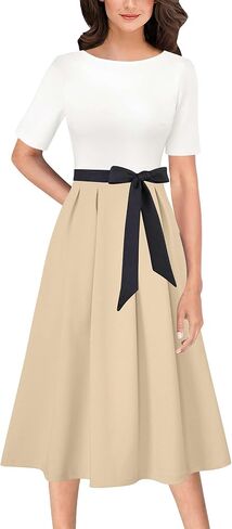 VFSHOW Womens Black Belted Elegant Pockets Work Office Business Pleated A-Line Midi Dress 10119 BLK M in Saudi Arabia
