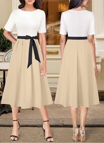 VFSHOW Womens Black Belted Elegant Pockets Work Office Business Pleated A-Line Midi Dress 10119 BLK M in Saudi Arabia