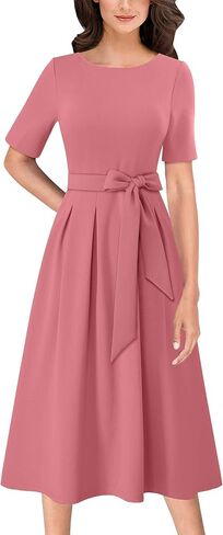 VFSHOW Womens Black Belted Elegant Pockets Work Office Business Pleated A-Line Midi Dress 10119 BLK M in Saudi Arabia