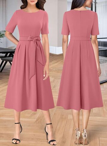 VFSHOW Womens Black Belted Elegant Pockets Work Office Business Pleated A-Line Midi Dress 10119 BLK M in Saudi Arabia