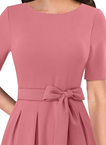 VFSHOW Womens Black Belted Elegant Pockets Work Office Business Pleated A-Line Midi Dress 10119 BLK M in Saudi Arabia