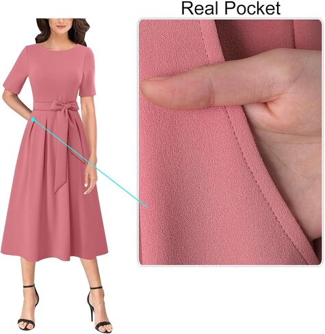 VFSHOW Womens Black Belted Elegant Pockets Work Office Business Pleated A-Line Midi Dress 10119 BLK M in Saudi Arabia
