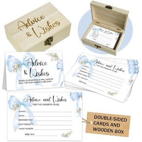 50Pcs Blue Bow Baby Shower Advice Cards for Baby Shower Games, Bow Advice and Wish Cards Box for New Parents Baby Shower Decorations (Blue)