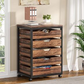 Tribesigns 5-Drawer File Cabinet, Wood Mobile Storage Drawer Unit, Industrial Office Cabinet with Drawers & Wheels, Rolling Printer Stand for Home Office (Rustic Brown)