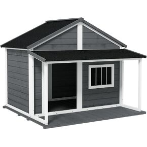 PawHut Outdoor Dog House Cabin Style, Wooden Raised Pet Kennel with Asphalt Roof, Front Door, Side Window, Porch for Medium/Large Dogs, Loading 53 lbs, Yellow