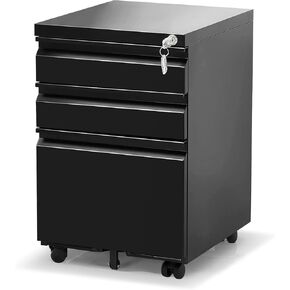3 Drawer Filing Cabinet, Mobile Filing Cabinet for Home Office, Locking File Cabinets for A4/Letter/Legal Size File Folders, Fully Assembled, Matte Black