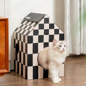 Cardboard Cat House with Scratch Pad & Catnip, Cat Play Scratching House for Indoor Hideaway Furniture, Heavy Duty Sturdy Cardboard Scratcher, Easy to Assemble Birthday Gift