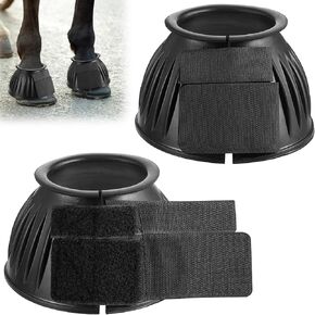 1 Pair Black Horse Bell Boots Protect, Double Lock Horse Care Boots, Rubber Horse Boot No-Rub Bell Boots for Horses Quick Wrap Hook & Loop for Shield Turnout Against Hoof Impact Trauma