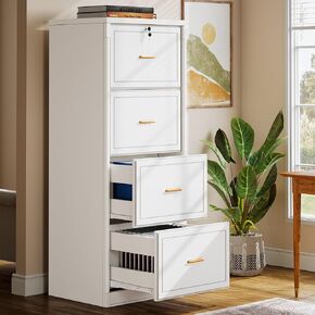 Tribesigns 4-Drawer File Cabinet with Lock, Locked Filing Cabinet with Key, Wooden File Cabinets for Home Office, Vertical Office Storage for Legal Size/Letter/A4/Files, White