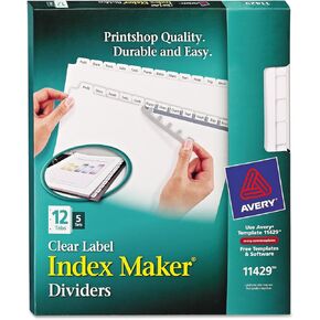 Avery 11429 Clear Label Index Maker Dividers, 8.5x11, White, 12-Tab Set, 5 Sets