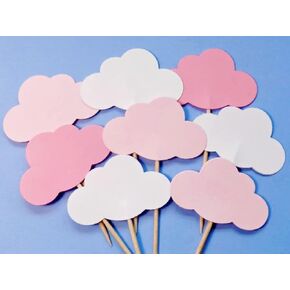 Cloud Cupcake Toppers - Mixed Pink and White Cloud Baby Shower Food Picks - Party Picks - Appetizer Picks - Baby Girl Baby Shower - Baby Sprinkle (Set of 24)