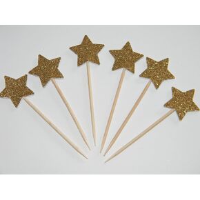 24 Gold Glitter 1 inch stars star cupcake toppers food picks birthday party décor shower supplies