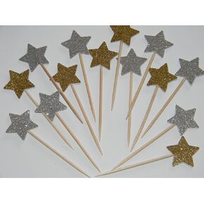 24 Mixed Gold and Silver 1 inch Glitter stars star cupcake toppers food picks birthday party décor shower supplies