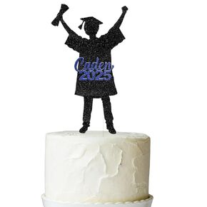 Personalized Name Black Glitter Graduation Cake Topper Table Centerpieces for Party, Photo Booth Props Class of 2025 Congrats Senior Cake Topper, 2025 Graduation Decorations (Black) Decor (Royal Blue)