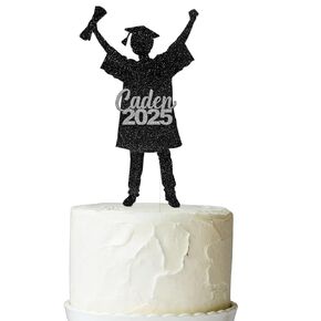 Personalized Name Glitter Graduation Cake Topper Table Centerpieces for Party, Photo Booth Props, Class of 2025 Congrats Senior Cake Topper, 2025 Graduation Decorations (Black) Decor (Silver)