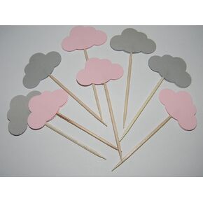 24 mixed pink and gray clouds cupcake toppers food picks baby girl shower decor party supply
