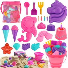 TOY Life 23 Pcs Unicorn Beach Toys for Kids Ages 4-8 Collapsible Sand Toys with Silicone Bucket Shovels & Sand Castle Building Kit Molds, Sandbox Toy for Travel, Beach Party, Fishing, Summer Toys