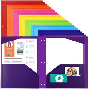 EOOUT 10pcs Colord File Folders, Binder Folders, Plastic Folders with Pocket and 2 Business Card Slot, 3 Hole Punch Poly Folders Fits in 3 Ring Binder for School Office