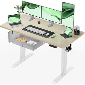Marsail Glass Standing Desk with Drawer 37 x 22 Inches Stand up Desk Standing Desk Adjustable Height with One-Piece Tempered Glass Top, Ergonomic Home Office Desk with 4 Preset Heights White