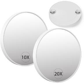 FUNTOUCH Travel Magnifying Mirror Set,10X/20X Small Magnifying Mirrors with Suction Cup,4.1 Inches Compact Magnified Mirror for Detail Makeup(White),2PCS