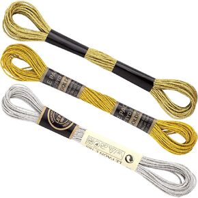 3 Skeins Metallic Embroidery String, Polyester Cross-Stitch Threads, Sparkly Hand Embroidery Floss for Sewing Arts- Gold & Silver & Yellow