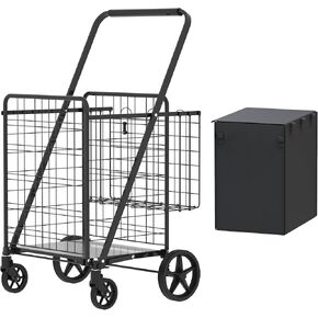 Large Shopping Cart,Grocery Cart on Wheels, Foldable Utility Shopping Carts with Double Basket and 360° Rolling Swivel Wheels for Groceries Laundry
