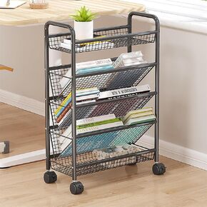 Rolling Book Cart,Mobile Bookshelf with Wheels Compact Desk Storage Organizer Trolley Floor Standing Metal Bookshelves/Corner Display Shelf Magazine Rack for Narrow Space,5 Tier (1,White)