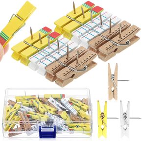 48 Pcs Push Pin with Wooden Clips Pencil Ruler Pushpins Classroom Decor Bulletin Board Clips for Composition Notebook Photo Clip for Back to School Supplies Teacher Gift