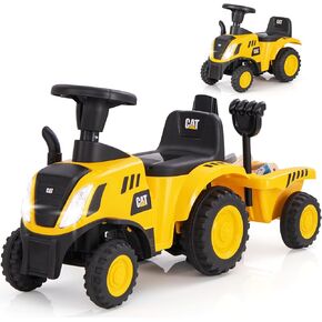 Costzon Kids Ride on Tractor, 2-in-1 Licensed Caterpillar Ride on Push Car w/Detachable Trailer, Horn, LED Lights, Rake & Shovel, Foot-to-Floor Sliding Car Gift w/No Power, Ride on Toy for Toddlers