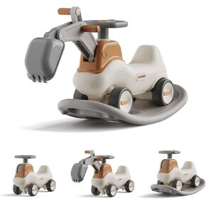 UNICOO® 4-in-1 Excavator Rocker n Ride, Ride-On Baby Balance Bike with Detachable Balance Board, Toddler Rocking Chair, Movable Arm, Ride On Toys for Toddlers 3-5, Indoor Outdoor (Gray & White)