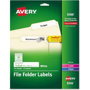 Avery 8366 Permanent Filing Labels, 1/3 Cut, 750/PK, White