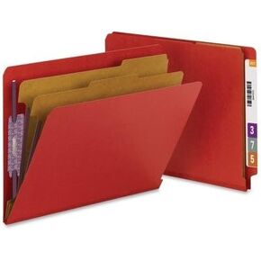 Smead End Tab Pressboard Classification Folders, Six SafeSHIELD Fasteners, 2" Expansion, 2 Dividers, Letter Size, Bright Red, 10/BX